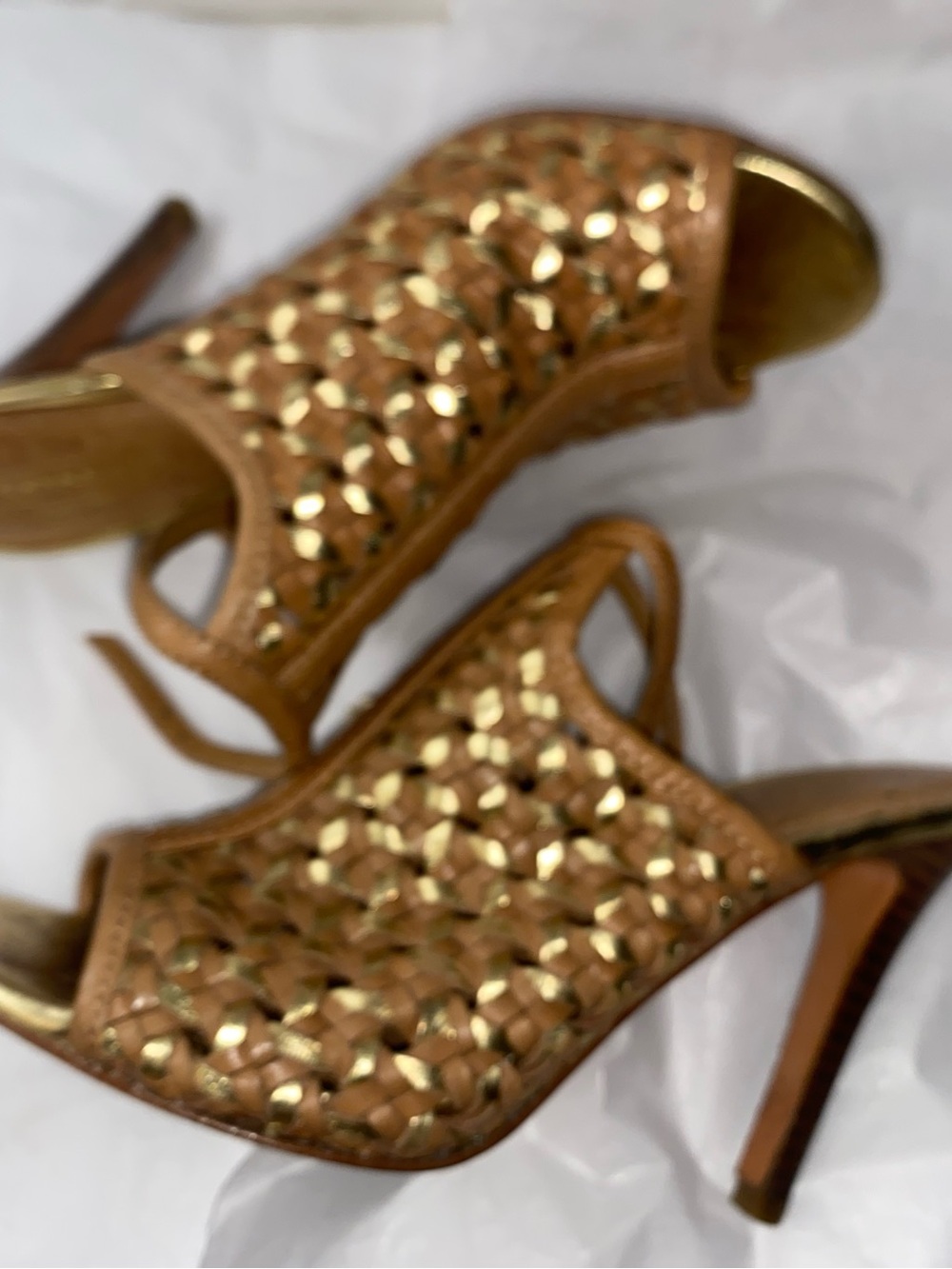 Coach Tan and Gold Woven Leather Peep-Toe Mules - Picture 2 of 8